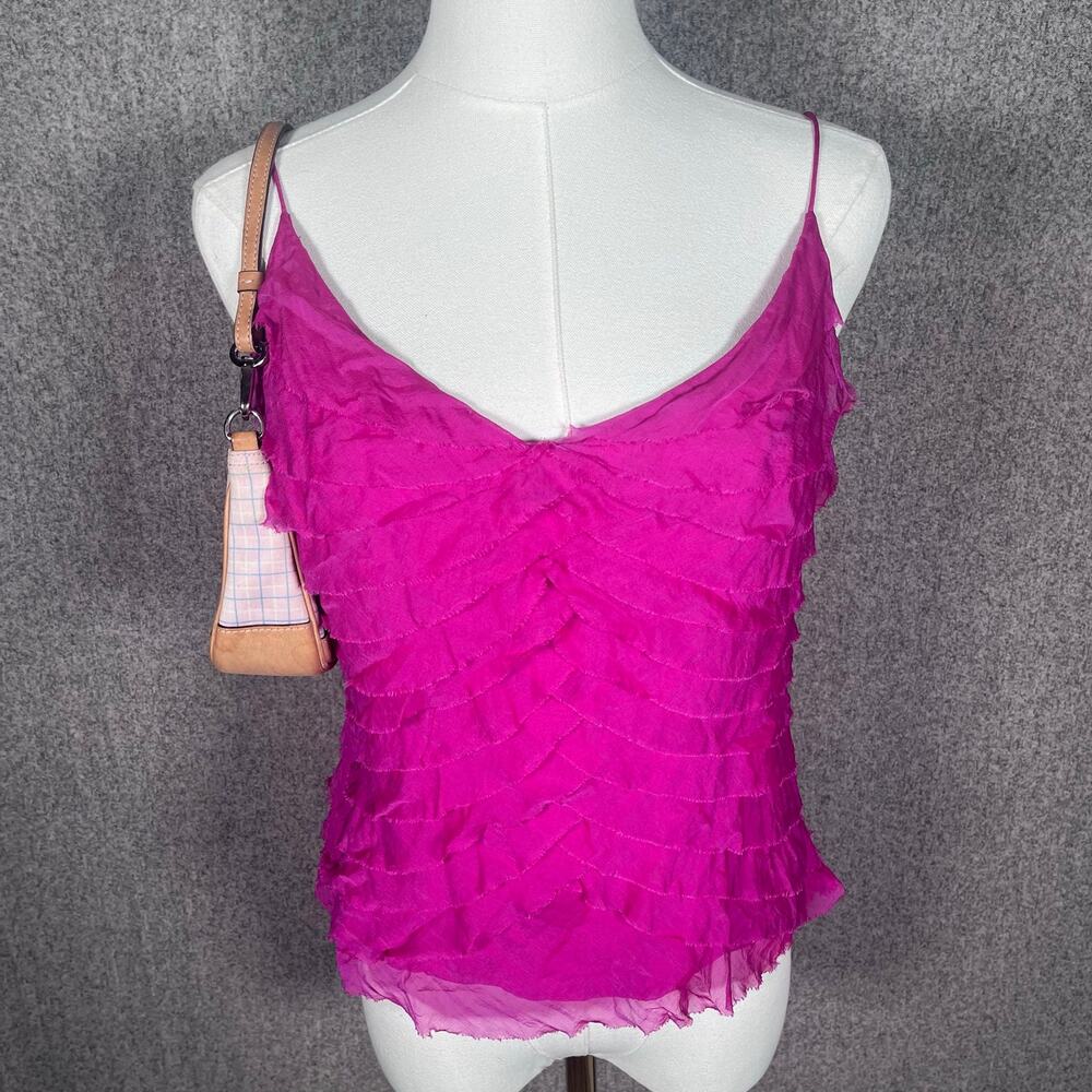 Women's VTG Y2K 100% Silk Hot Pink Ruffle Going Out Sleeveless Blouse Size M